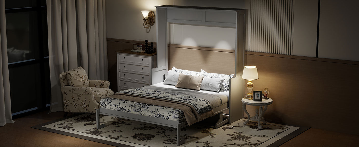Queen Size Murphy Bed with Desk,LED Lights and USB Charging Station,Gray image 11