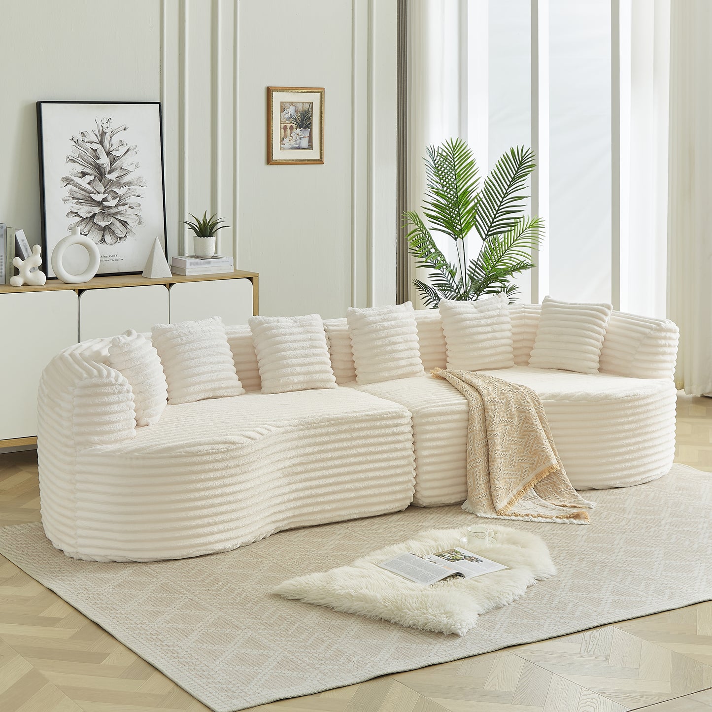 Curved Sectional Sofa, 111.5-inch Oversized Modern Bone-Free Cloud Sofa with 6 Pillows Luxury Corduroy Four-Seater Memory Foam Sofa with Deep Seat Design,beige W3505P355585 image 7