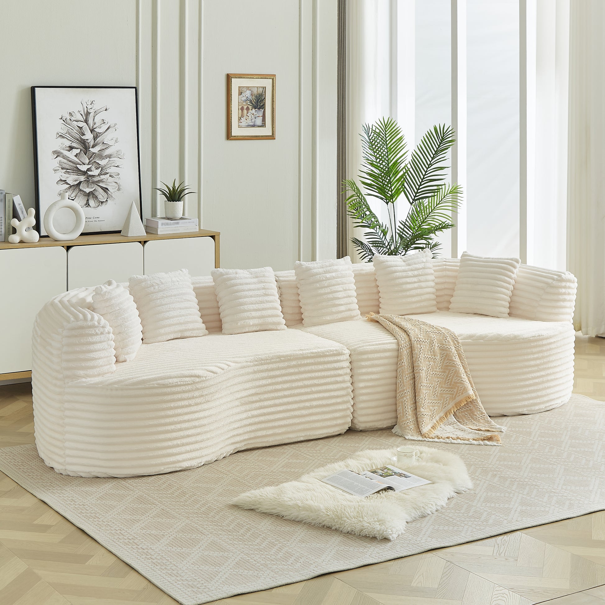 Curved Sectional Sofa, 111.5-inch Oversized Modern Bone-Free Cloud Sofa with 6 Pillows Luxury Corduroy Four-Seater Memory Foam Sofa with Deep Seat Design,beige W3505P355585 image 7