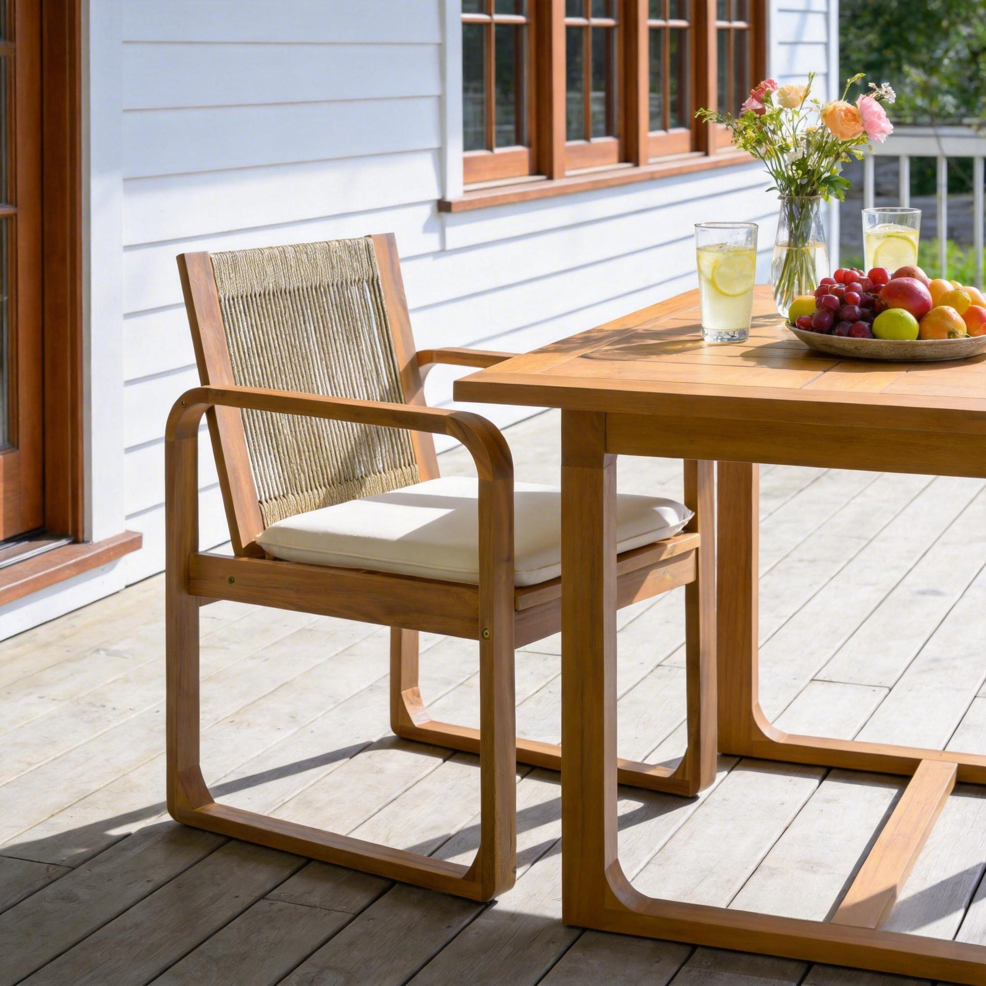 2-Piece Outdoor Dining Chairs Set: Acacia Wood with Multi Brown Rope Back & Beige Cushion, Water Repellent Fabric, 400 lbs Capacity, Light Teak Finish image 6