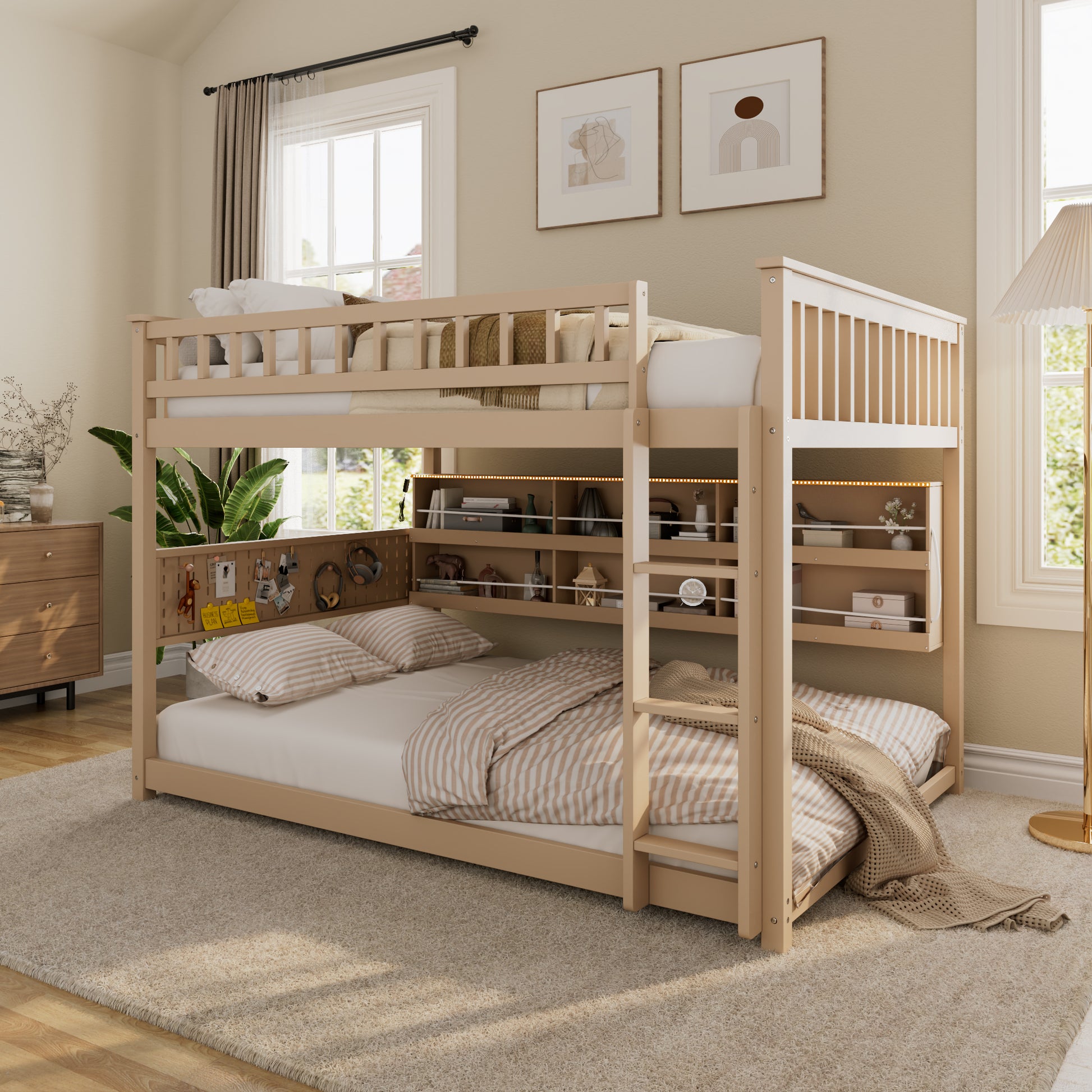 Full over Full Bunk Bed with Integrated Shelving, Color-Changing Lights and Pegboard, Beige image 1