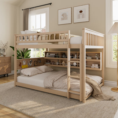 Full over Full Bunk Bed with Integrated Shelving, Color-Changing Lights and Pegboard, Beige image 1
