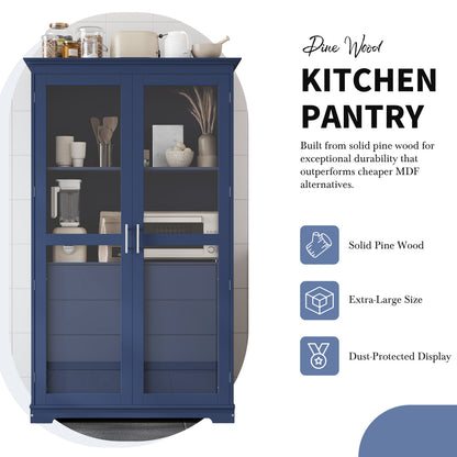 TOPMAX 44.7x20x75inch Kitchen Pantry, Freestanding Kitchen Storage Cabinet Display Cabinet with Glass Doors and 4 Built-in Drawers for Living Room, Home Office, Blue image 7