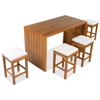 5 Piece Outdoor Bar Set, Patio Acacia Wood Bar Height Table & Four Stools with Cushions, Wood Dining Bar Set for Backyard, Poolside, Balcony, Beige Cushion and Natural Wood image 10