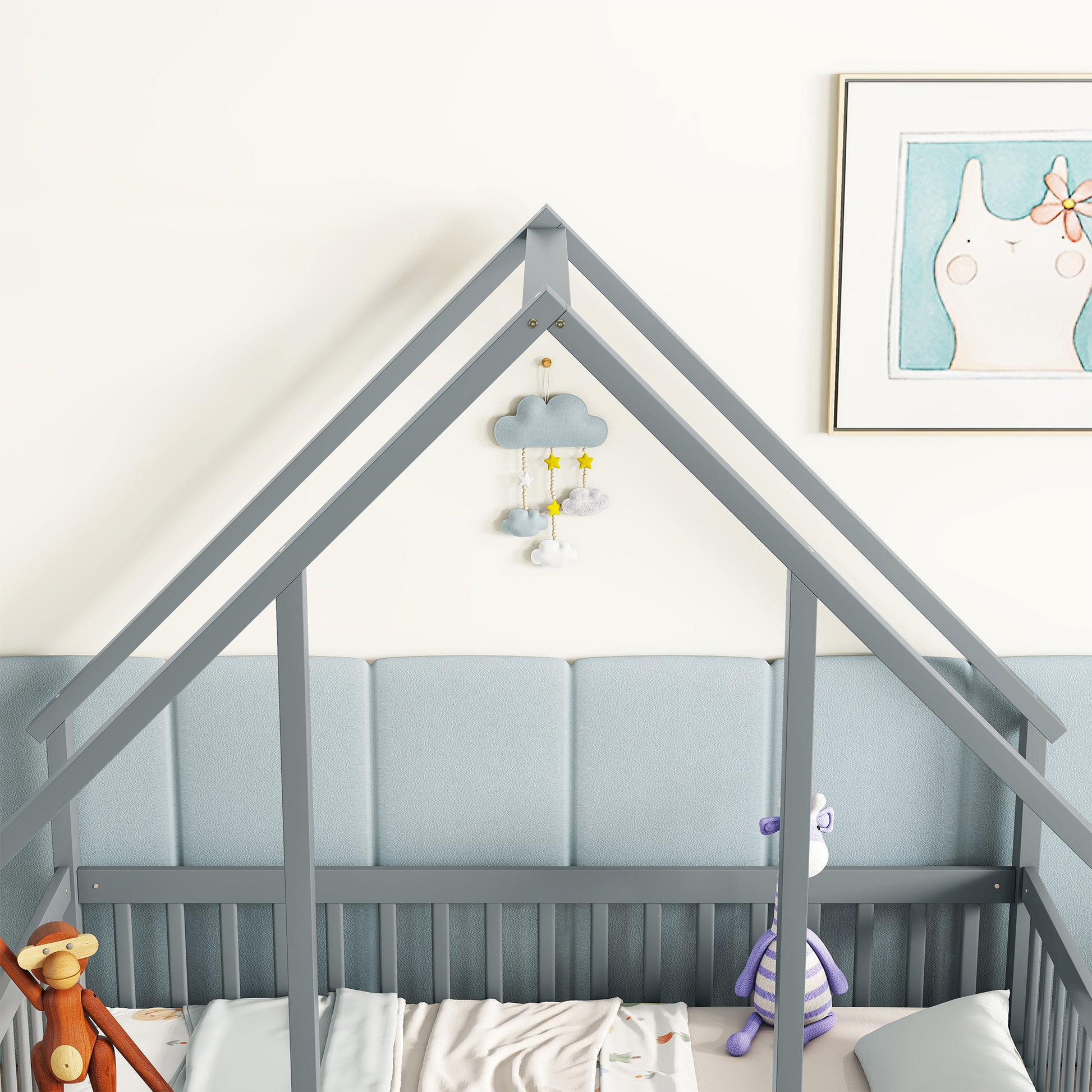 Twin Wood House-Shaped Floor Bed with Fence, Guardrails,Grey image 12
