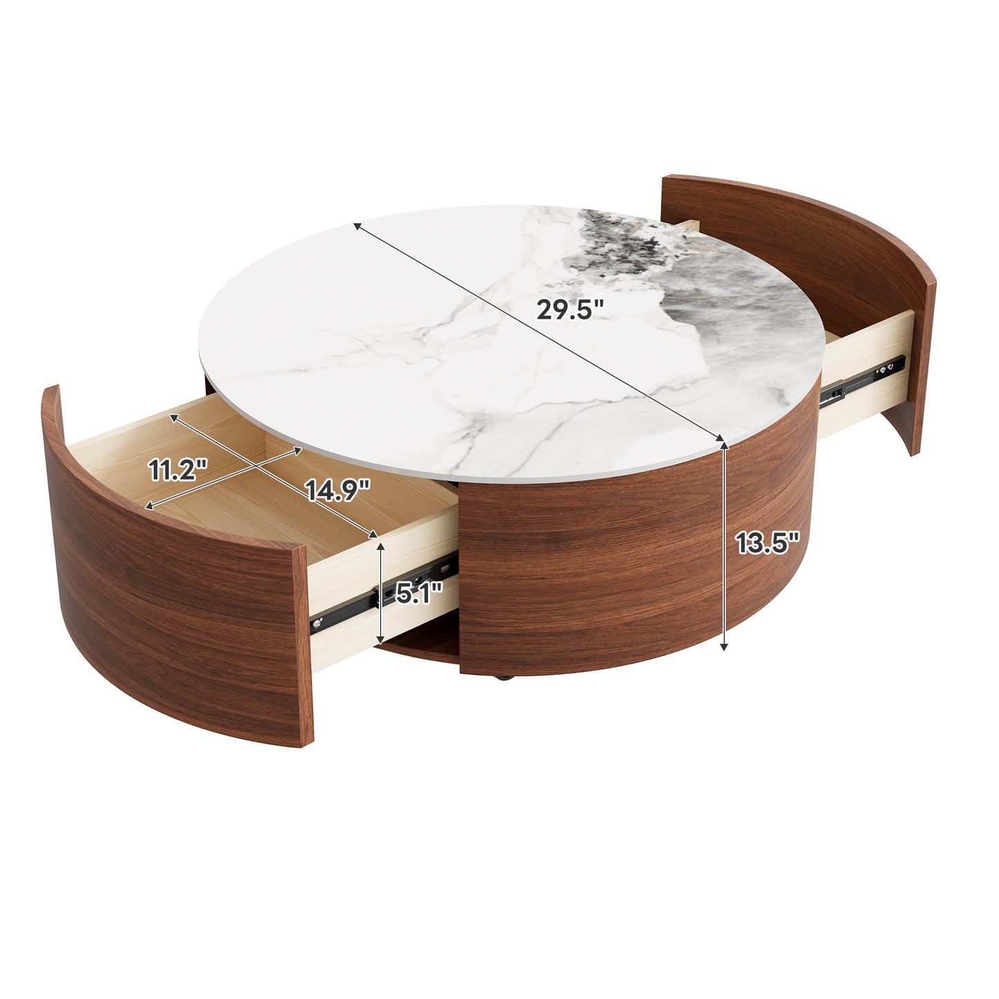 Modern Round Movable Coffee Table with Casters, 2 Drawers, Marble Pattern Sintered Stone Top, Walnut, 29.5" image 5