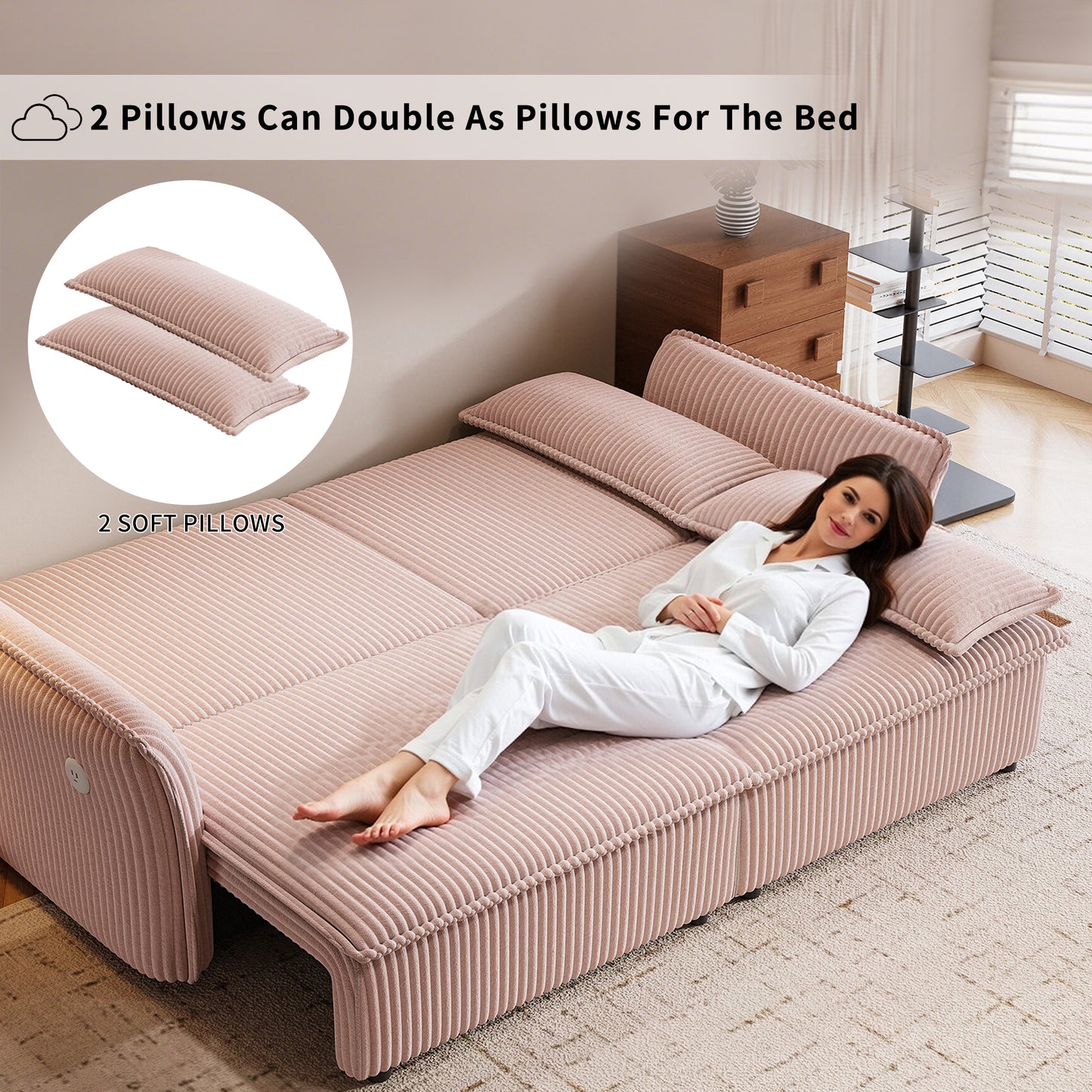 This is a multi-functional sofa with a 85-inch convertible sofa bed. It is in a two-in-one design, suitable for both sitting and lying. It is made of plush fabric and is suitable for both living rooms image 6