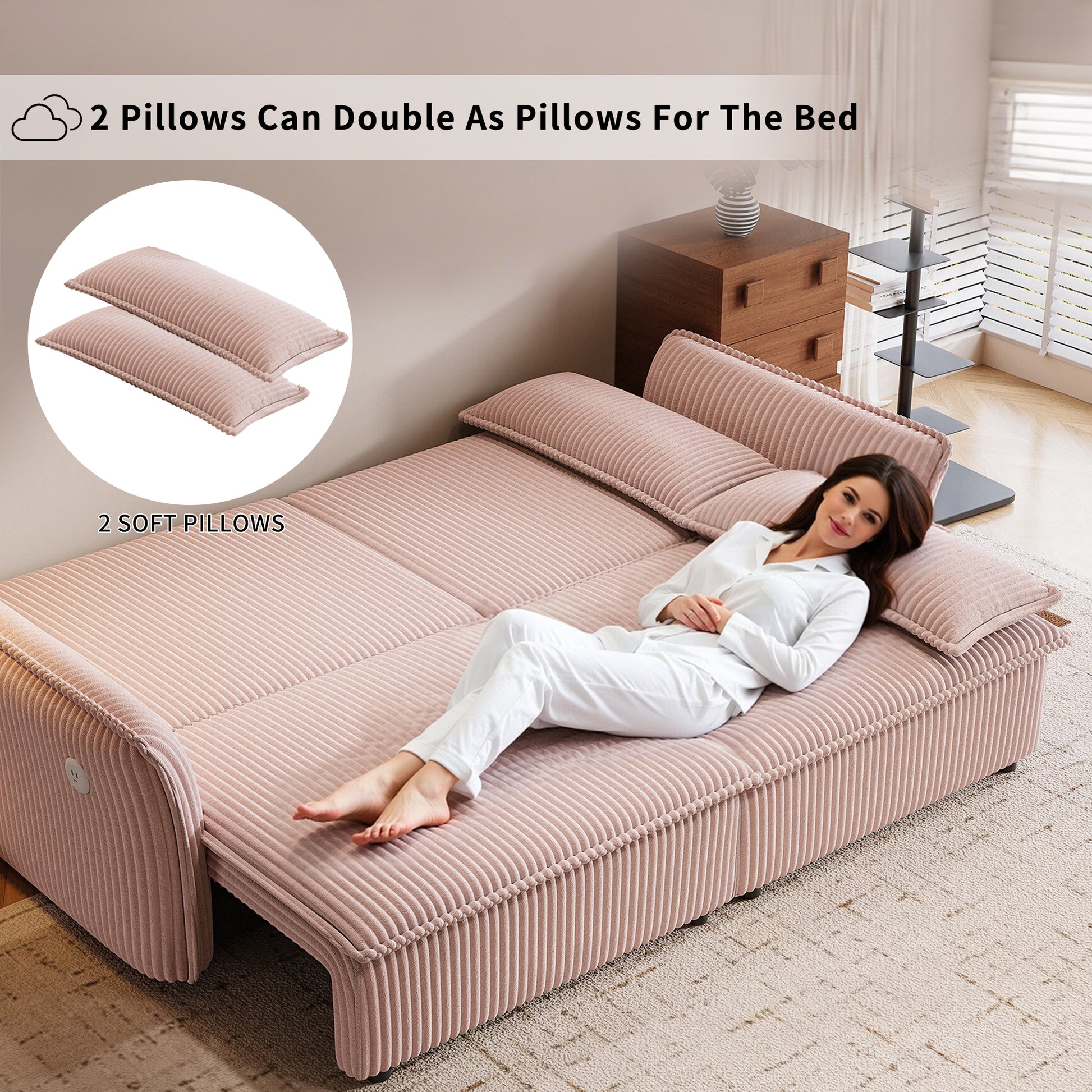 This is a multi-functional sofa with a 85-inch convertible sofa bed. It is in a two-in-one design, suitable for both sitting and lying. It is made of plush fabric and is suitable for both living rooms image 6