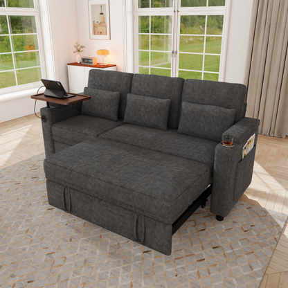 81-inch 3-in-1 foldable three-person sofa bed with a table board and USB ports, armrests with storage function. High-quality chenille three-person sofa. The sofa bed features adjustable backrest and p image 3