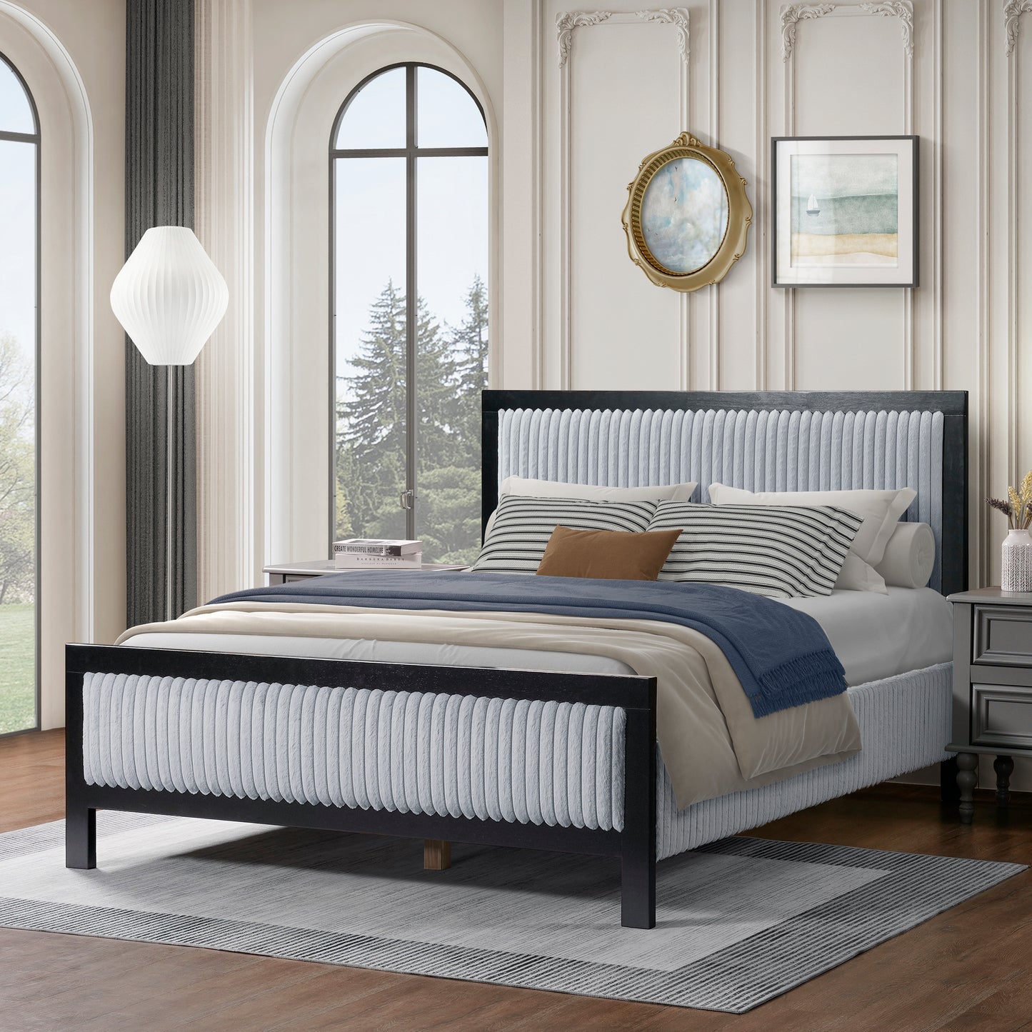 Queen Upholstered Bed with Fluffy Soft Headboard,Grey+Black Frame image 5