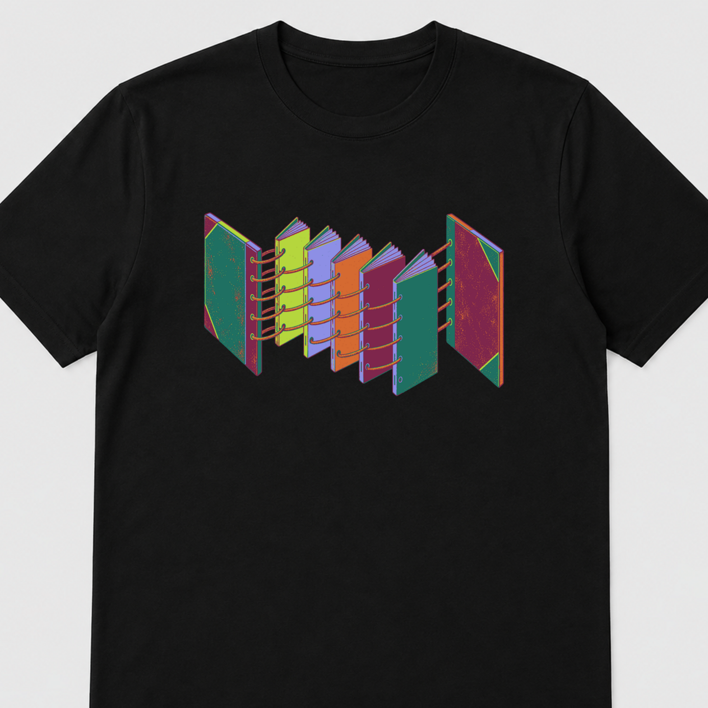 Open Spine Assembly Bookbinding Graphic T-Shirt - POD-20260811-144_black_front_closeup_mockup