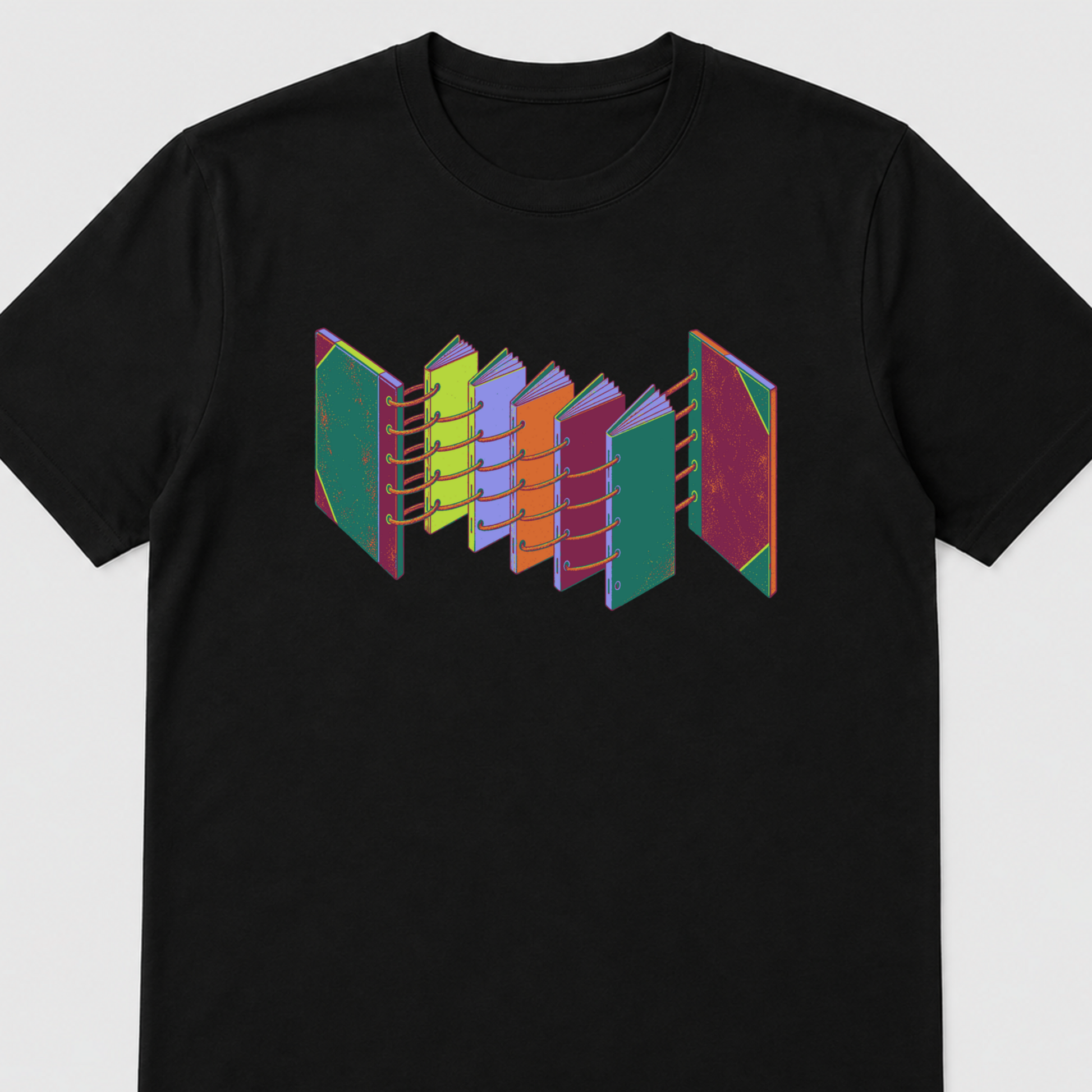 Open Spine Assembly Bookbinding Graphic T-Shirt - POD-20260811-144_black_front_closeup_mockup