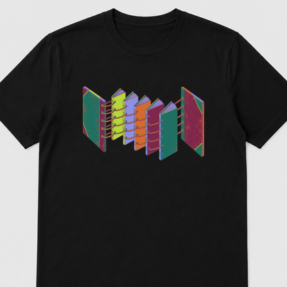 Open Spine Assembly Bookbinding Graphic T-Shirt - POD-20260811-144_black_front_closeup_mockup