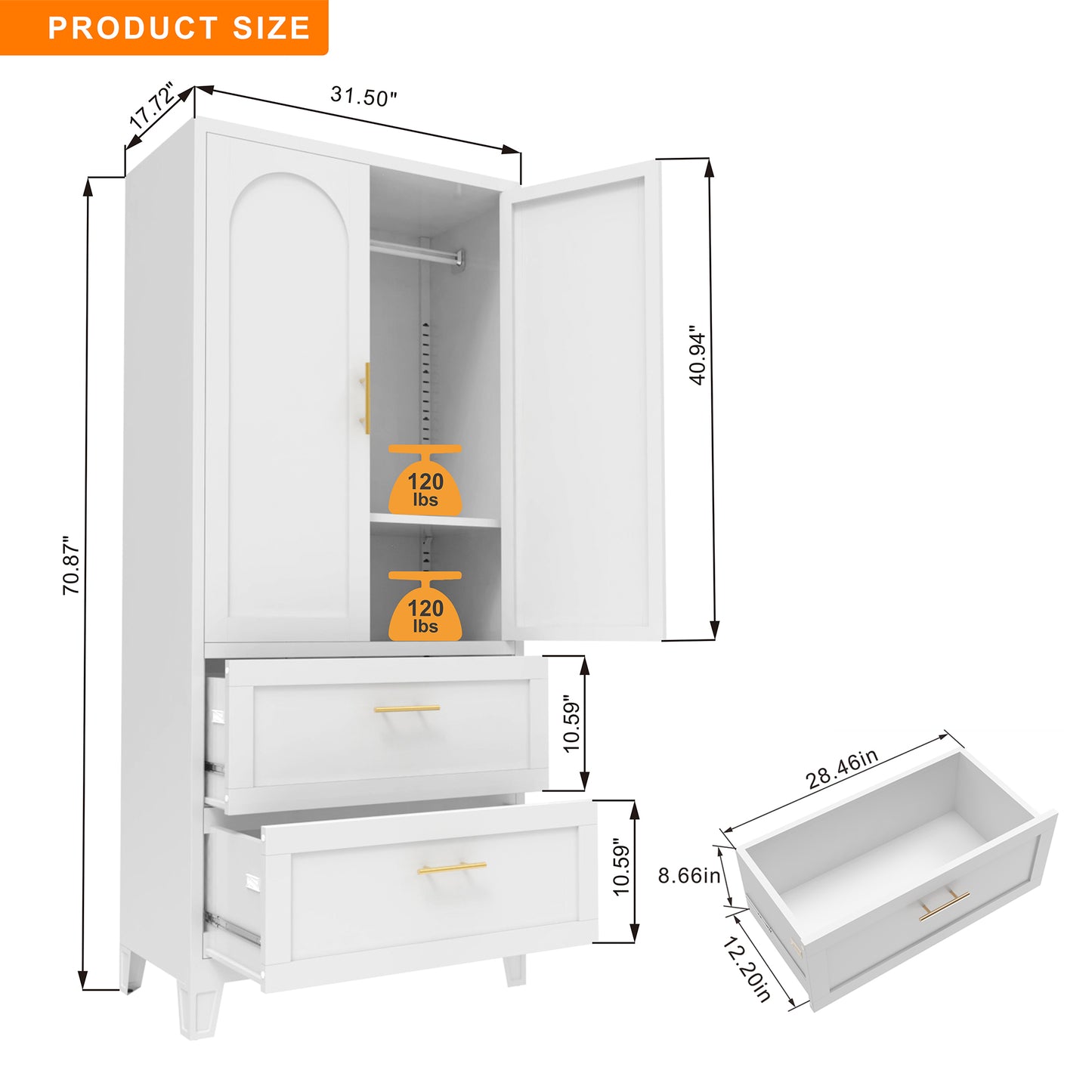 71" Tall Metal Wardrobe Cabinet with 2 Drawers and Hanging Rod, 2 Doors Wardrobe Closet with Shelf for Bedroom, Office, Laundry Room,Entryway,Foyer,Guesthouse (White) image 12