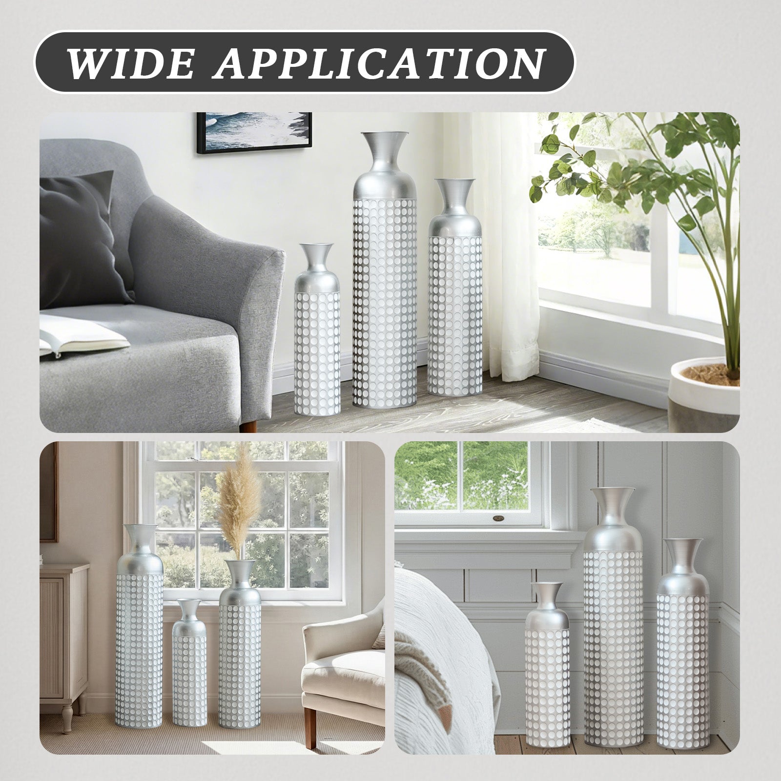 3 Pack Silver Metal Vase Set, Nested Semi-Handcrafted Embossed Vases, Modern Decorative Centerpieces for Home, Floor, Living Room, Fireplace, Not Waterproof image 4