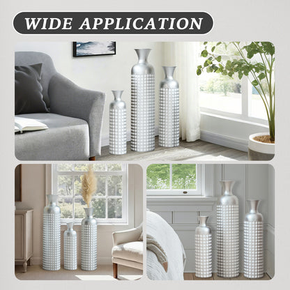 3 Pack Silver Metal Vase Set, Nested Semi-Handcrafted Embossed Vases, Modern Decorative Centerpieces for Home, Floor, Living Room, Fireplace, Not Waterproof image 4