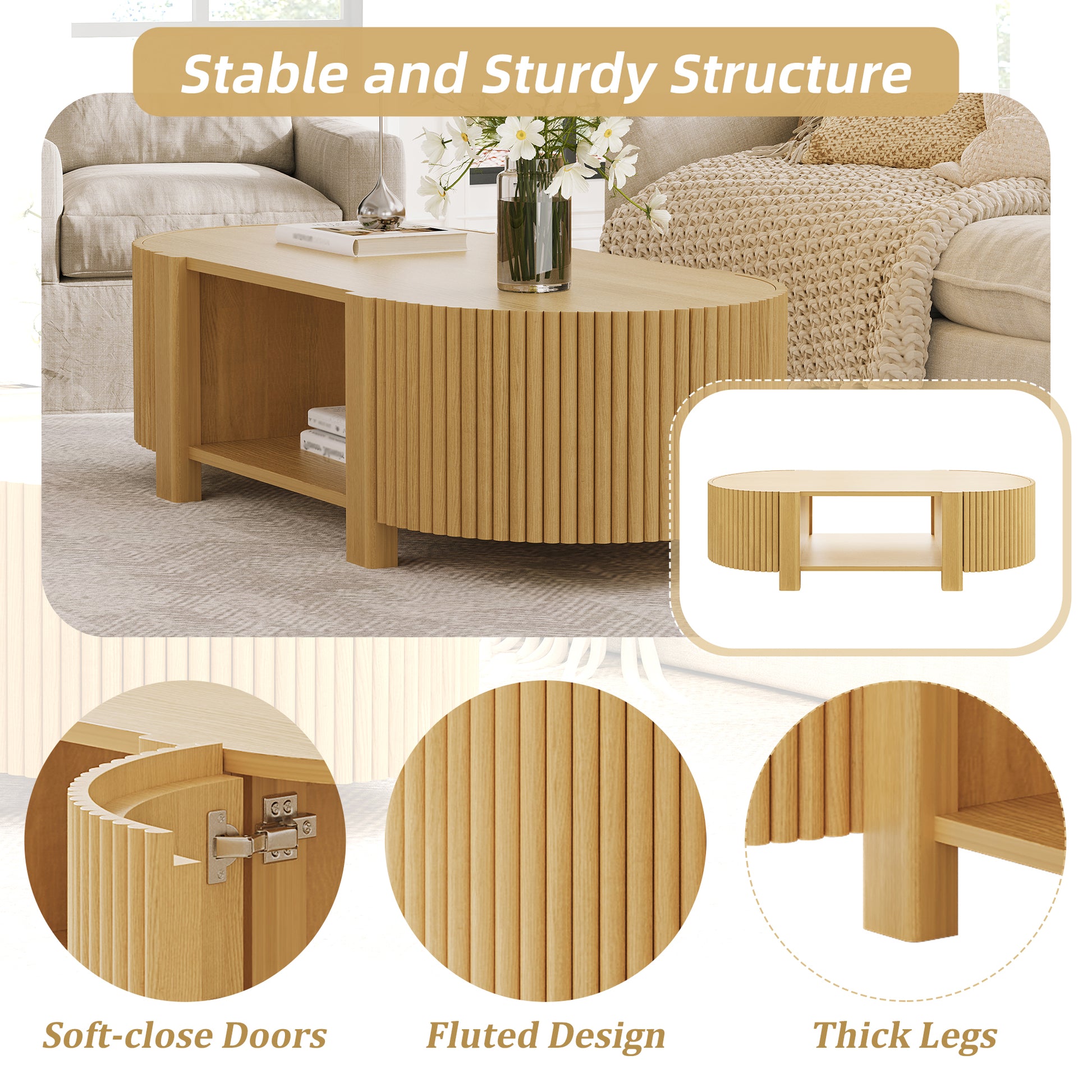 Oval Fluted Coffee Table with Storage for Living Room, Rubber Solid Wood, 1 shelf & 2 Open Storage Doors, Natural, 47" image 9