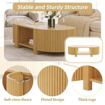 Oval Fluted Coffee Table with Storage for Living Room, Rubber Solid Wood, 1 shelf & 2 Open Storage Doors, Natural, 47" image 9