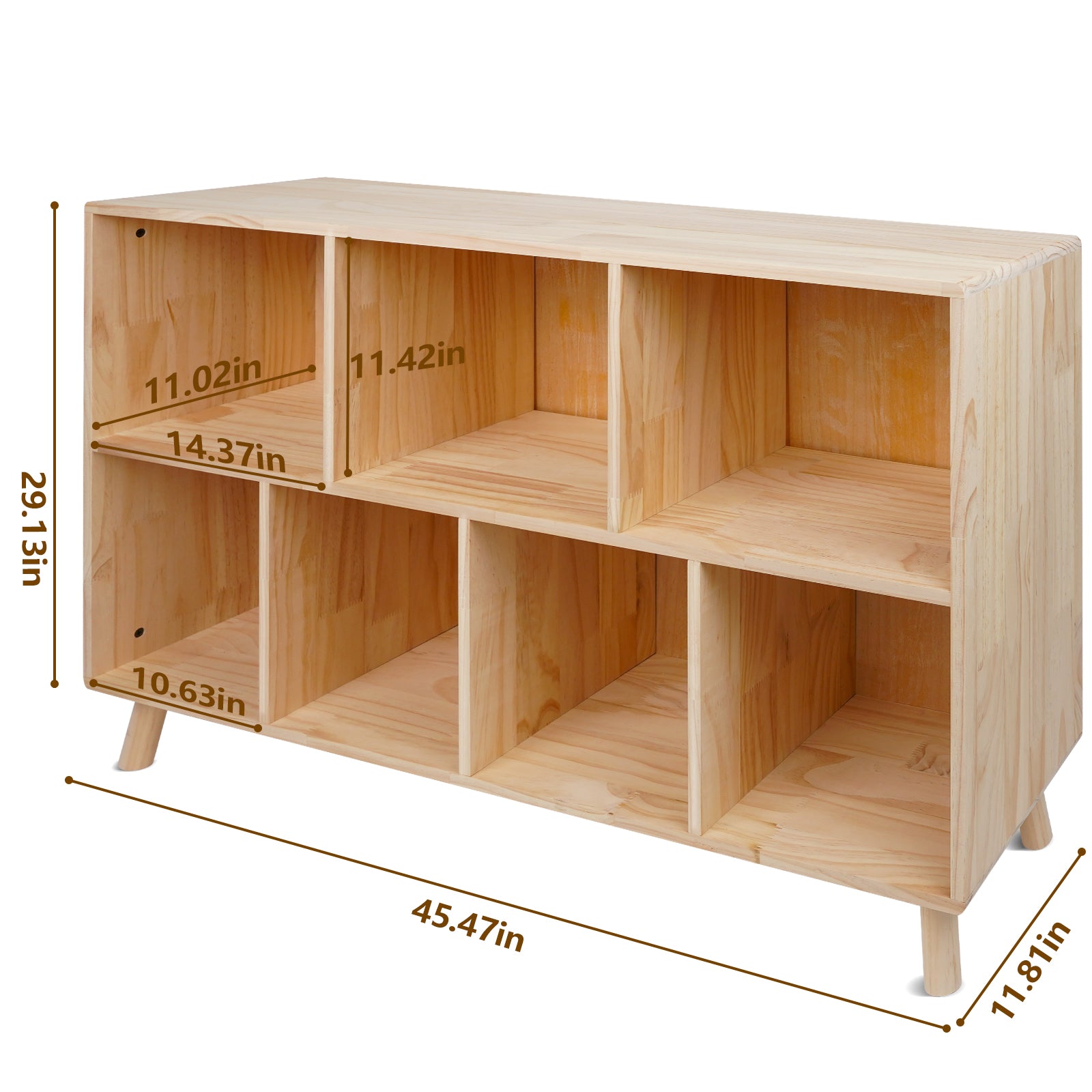 Solid Pine Wood 7-Compartment Storage Cabinet, 45.5"L x 29.1"H Fixed Shelves Organizer for Books/Toys/Home Décor, Modern Wooden Shelf,Multi-Compartment Cabinet for Home/Office image 2