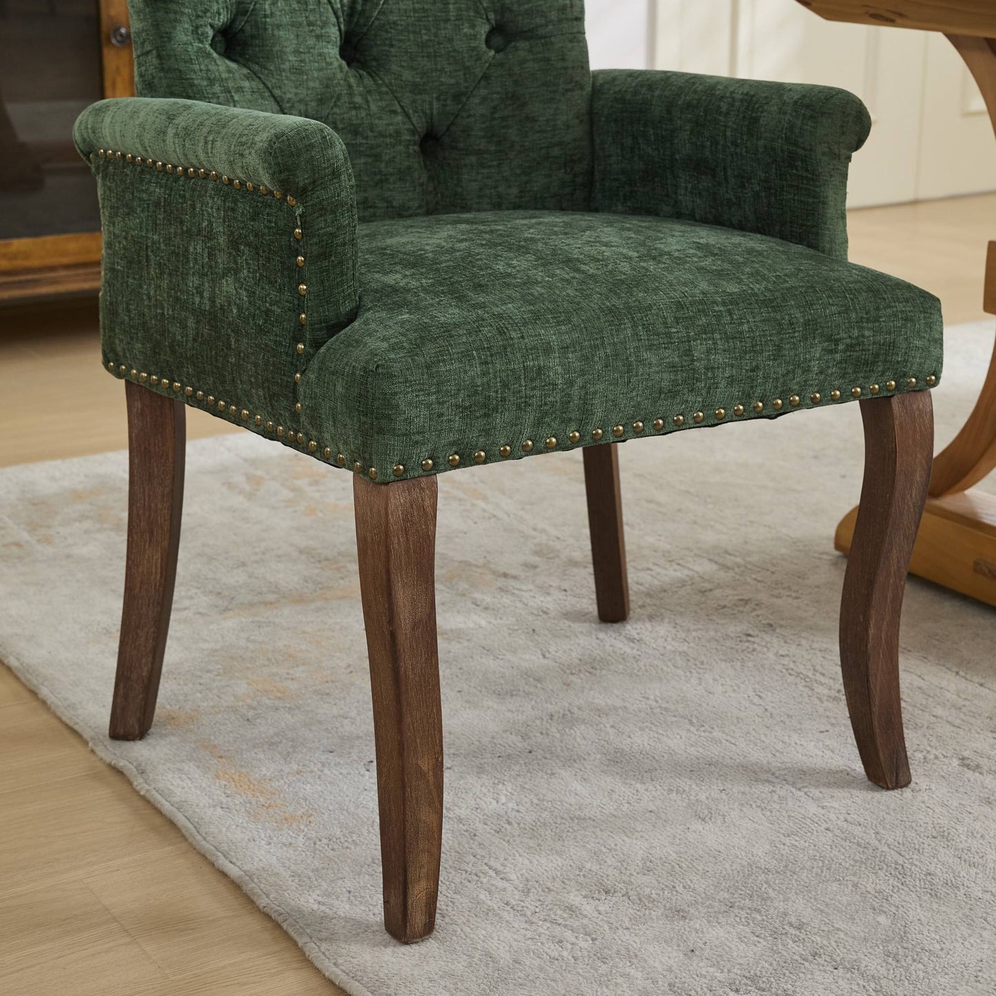 Upholstered Chenille Fabric Accent Dining Chair, Curved Solid Wood Legs, Elegant Tufted Club Dining Room Kitchen Room Arm Dining Chair, Single Pack,Olive Green,SW1895OL image 12