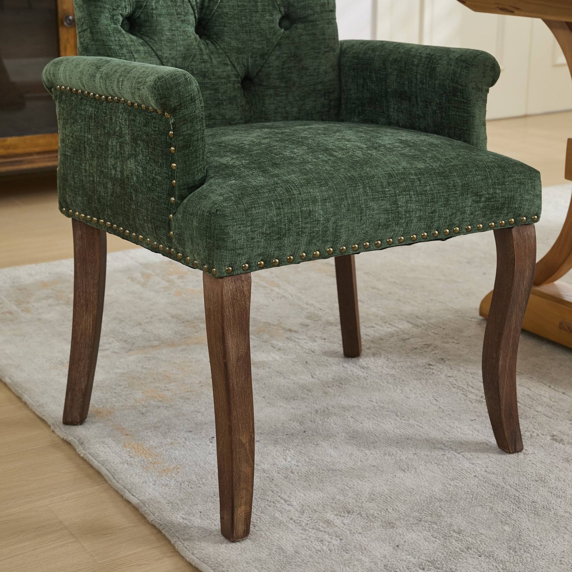 Upholstered Chenille Fabric Accent Dining Chair, Curved Solid Wood Legs, Elegant Tufted Club Dining Room Kitchen Room Arm Dining Chair, Single Pack,Olive Green,SW1895OL image 12