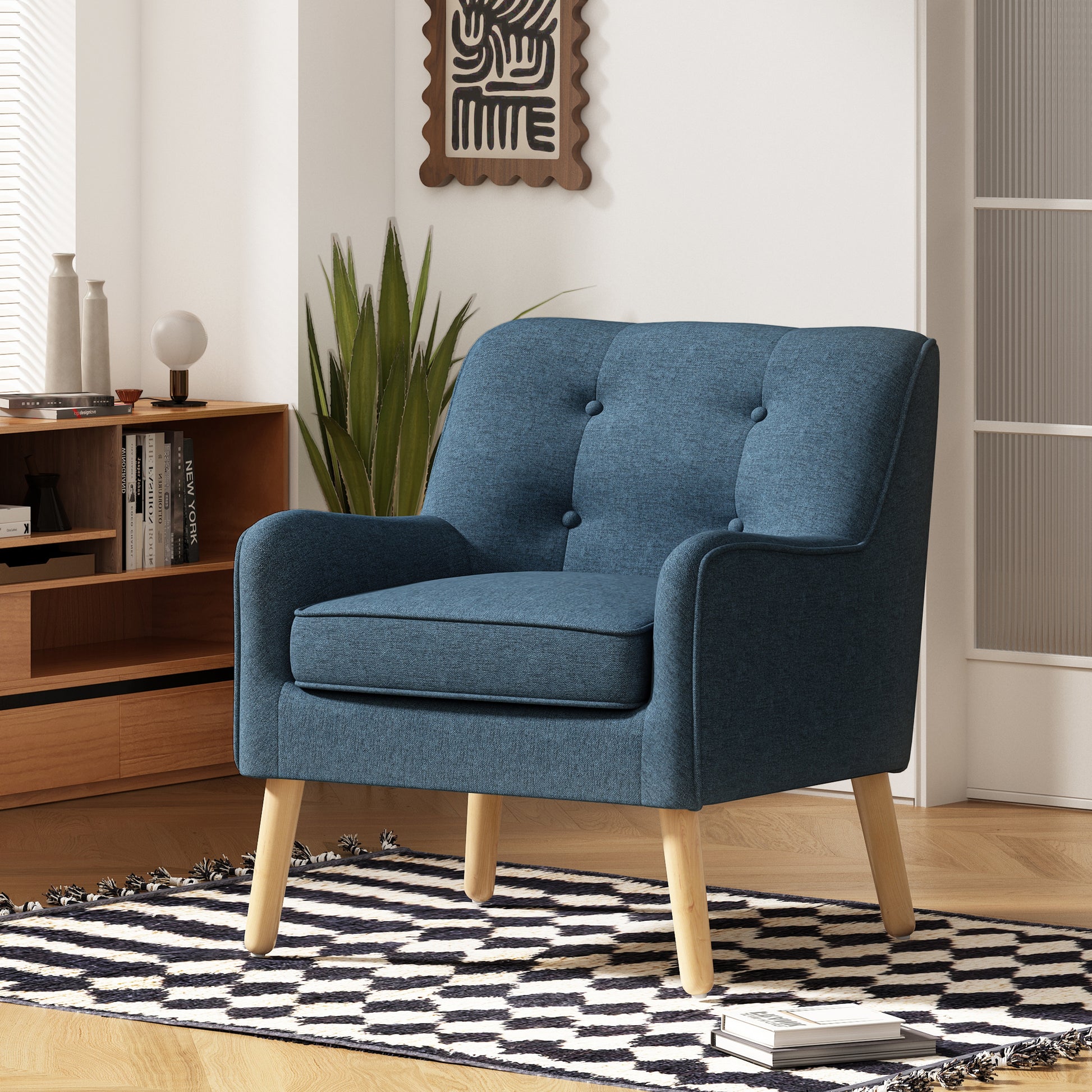 Mid-Century Modern Armchair - Tufted Fabric Accent Chair with Solid Wood Legs for Living Room, Bedroom & Office - Comfortable Polyester Upholstery - Classic Button-Tufted Back & Tapered Design image 1