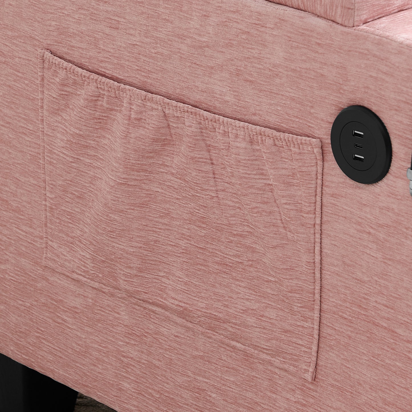 Single sofa recliner with manually adjustable backrest, USB charging port on the armrest side, phone stand included, hidden armrest storage, and a matching storage ottoman-Pink image 10