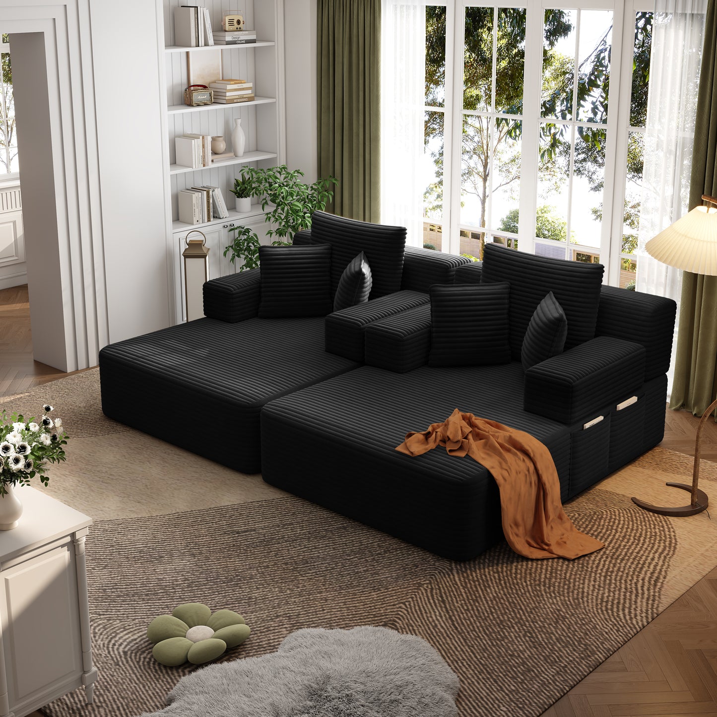 Oversized Double Chaise Lounge 2-Piece Set, Luxurious Plush Corduroy Convertible Sofa Bed with 6 Pillows and Storage Pocket, for Small Spaces,Home Theater, Living Room, Black image 5