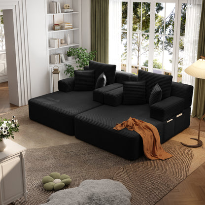 Oversized Double Chaise Lounge 2-Piece Set, Luxurious Plush Corduroy Convertible Sofa Bed with 6 Pillows and Storage Pocket, for Small Spaces,Home Theater, Living Room, Black image 5