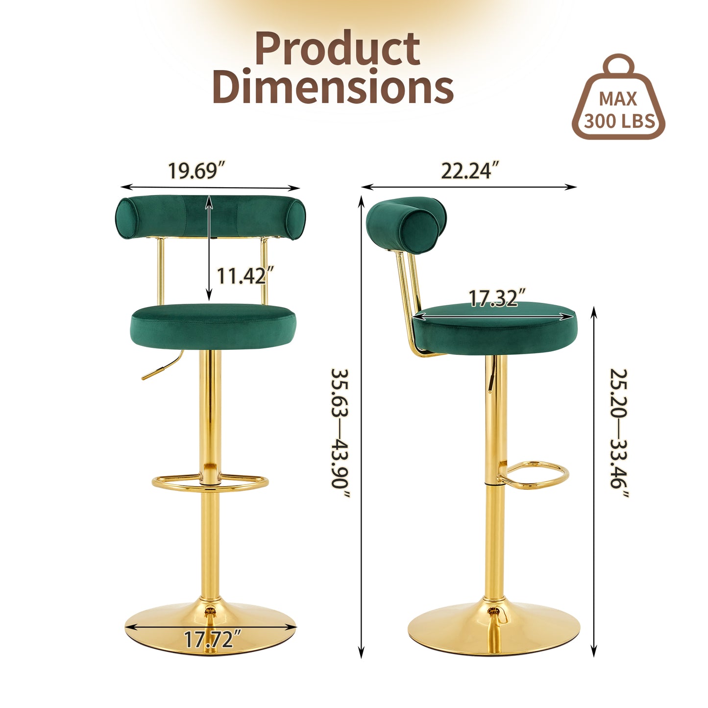Soft Velvet Upholstered Swivel Adjustable Bar Chair with electroplated gold legs- Dining Room Living Room Bar Cafe Reception Desk Bar Stool(Dark Green, Set of 2) image 3