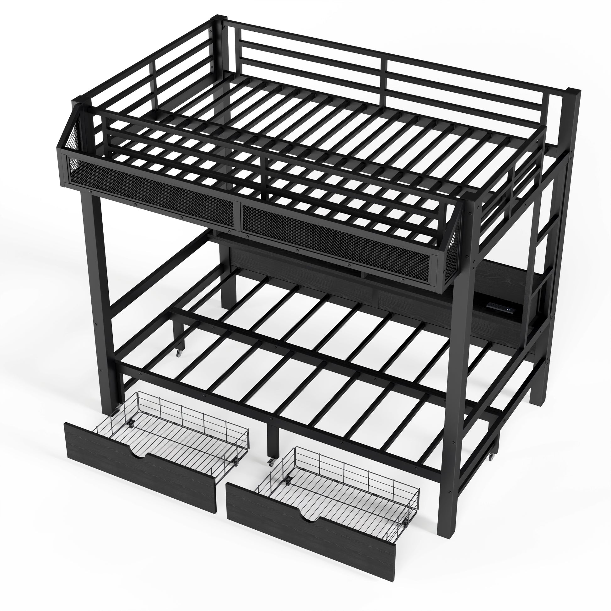 Twin over Twin Bunk Bed with Storage Shelves and Drawers,Multifunctional Metal Bunk Beds with USB Ports and LED Lights, Lower Bed that can be converted into a sofa, Black image 11