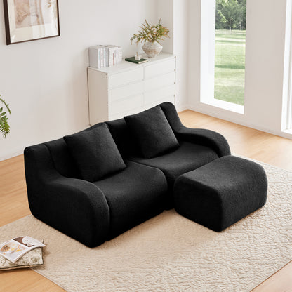 L-Shaped Teddy Fabric 2-Seat Boneless Sofa,No Assembly Required Curved Armrest,Streamlined Design Ergonomic Design,32D High Density Sponge For Living Rooms Rest Areas Bedroom,Black image 2