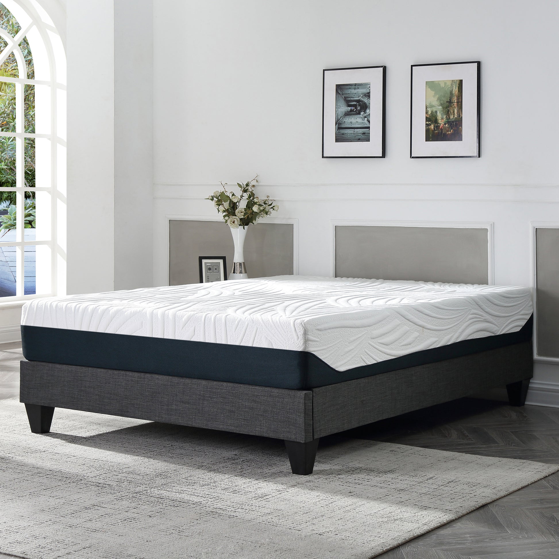 Contemporary Grey Upholstered Platform Bed, Polyester Fabric Bed Frame, Reinforced Support Geometric Foot Platform Bed No Box Spring Needed, Easy Assembly,Full image 2