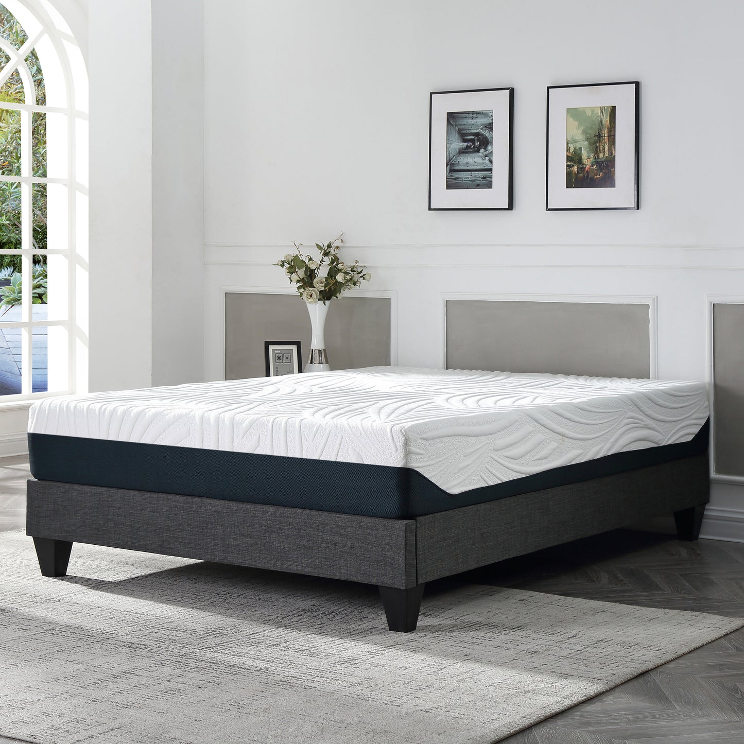Contemporary Grey Upholstered Platform Bed, Polyester Fabric Bed Frame, Reinforced Support Geometric Foot Platform Bed No Box Spring Needed, Easy Assembly,Queen image 2