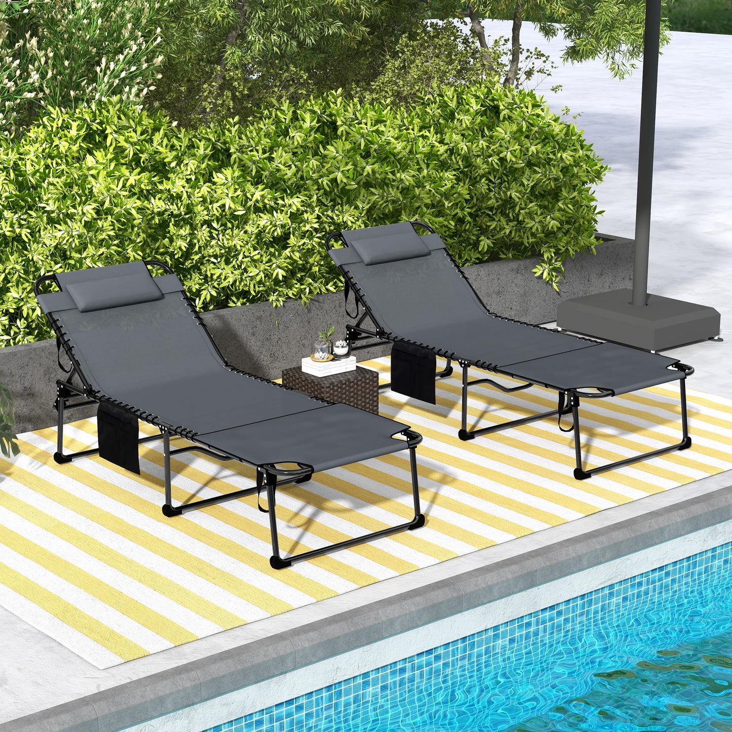 Outsunny 2 Piece Folding Chaise Lounge with 5-level Reclining Back, Outdoor Tanning Chair with Reading Face Hole, Outdoor Lounge Chair with Side Pocket & Headrest for Beach, Yard, Patio, Gray image 2