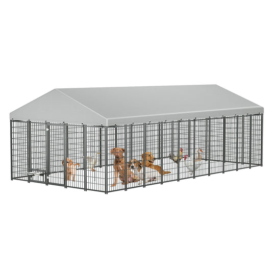 Large outdoor dog kennel metal pet enclosure with roof - front view