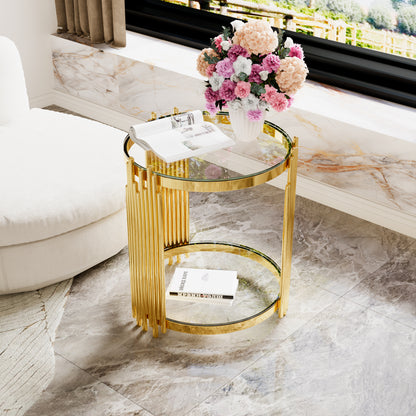 Modern Transparent Glass End Table for Living Room, Round, Asymmetrical Metal, Gold Finish & Lower Shelf, 19.8" image 6
