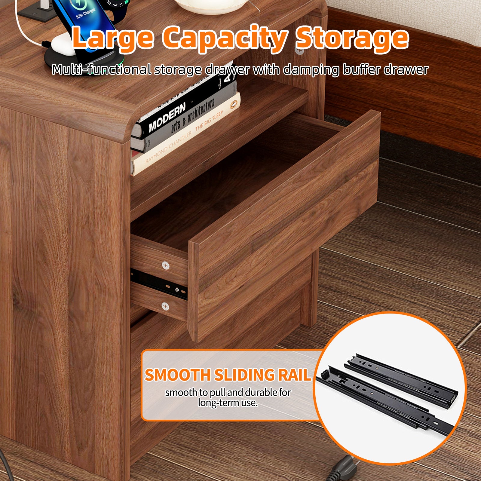 25" Tall Modern Nightstand with Charging Station, 23.6'' Wide Wood Bedside Table w/2 Storage Drawers, Large Mid Century End Table for Bedroom, Living Room, Curved Profile Design (WALNUT) image 12