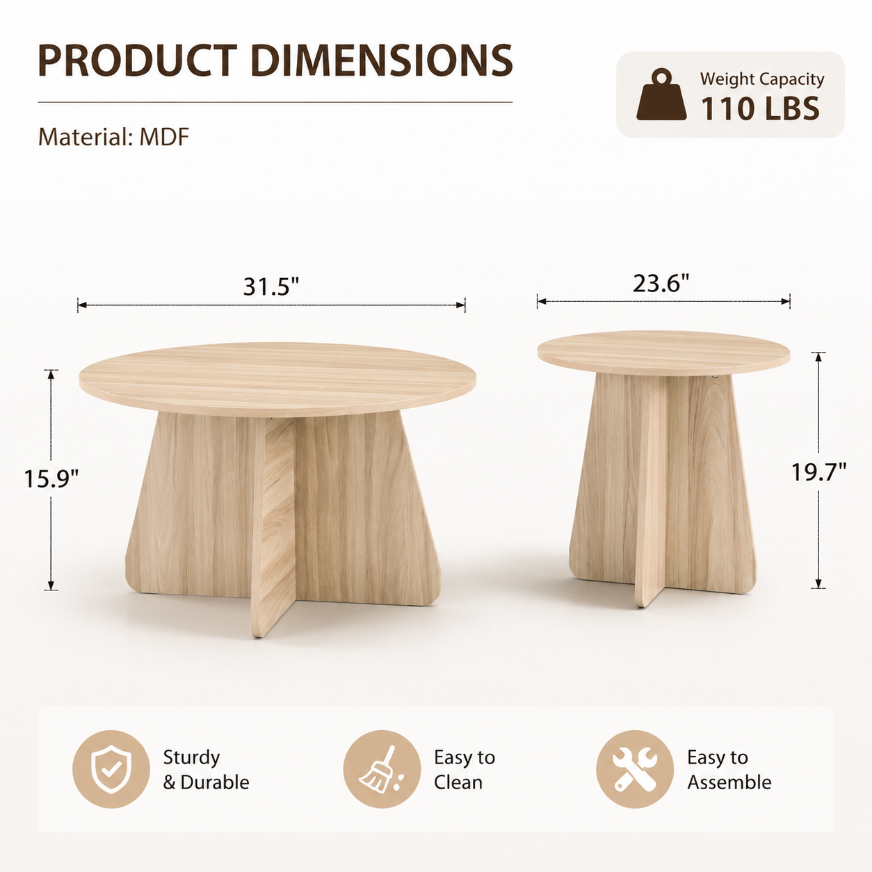 Retro-style nesting coffee table set. Available in walnut or natural wood finishes. Round nesting side tables with crisscross legs. Ideal for living rooms and dining rooms. image 10
