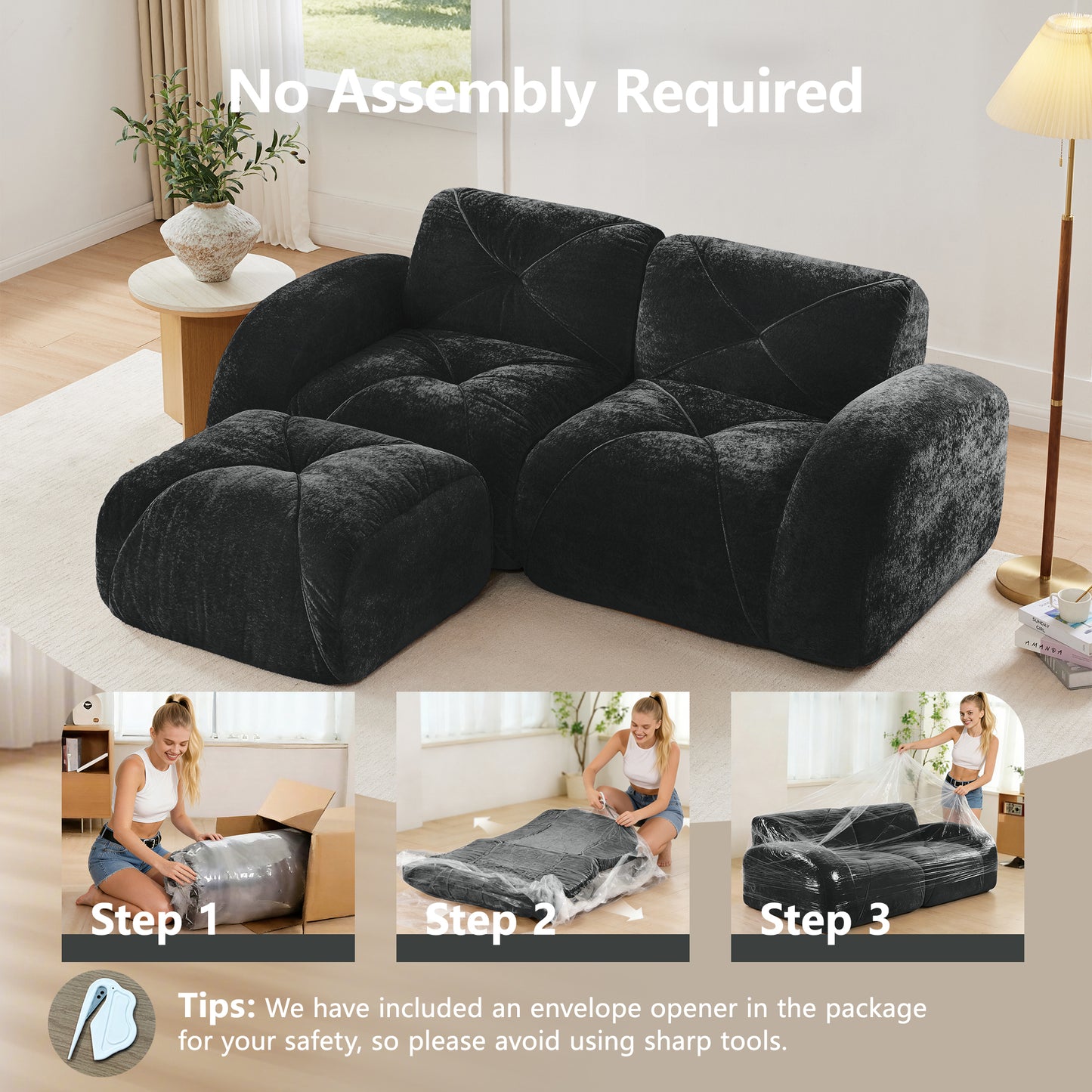 L-shaped Boneless Sofa,Soft Velvet Fabric,Tufted Design,32D High Density Sponge,No Assembly Required,Ergonomic Design Bottom, Anti-Slip Design,Movable Ottoman For Bedrooms,Black image 4