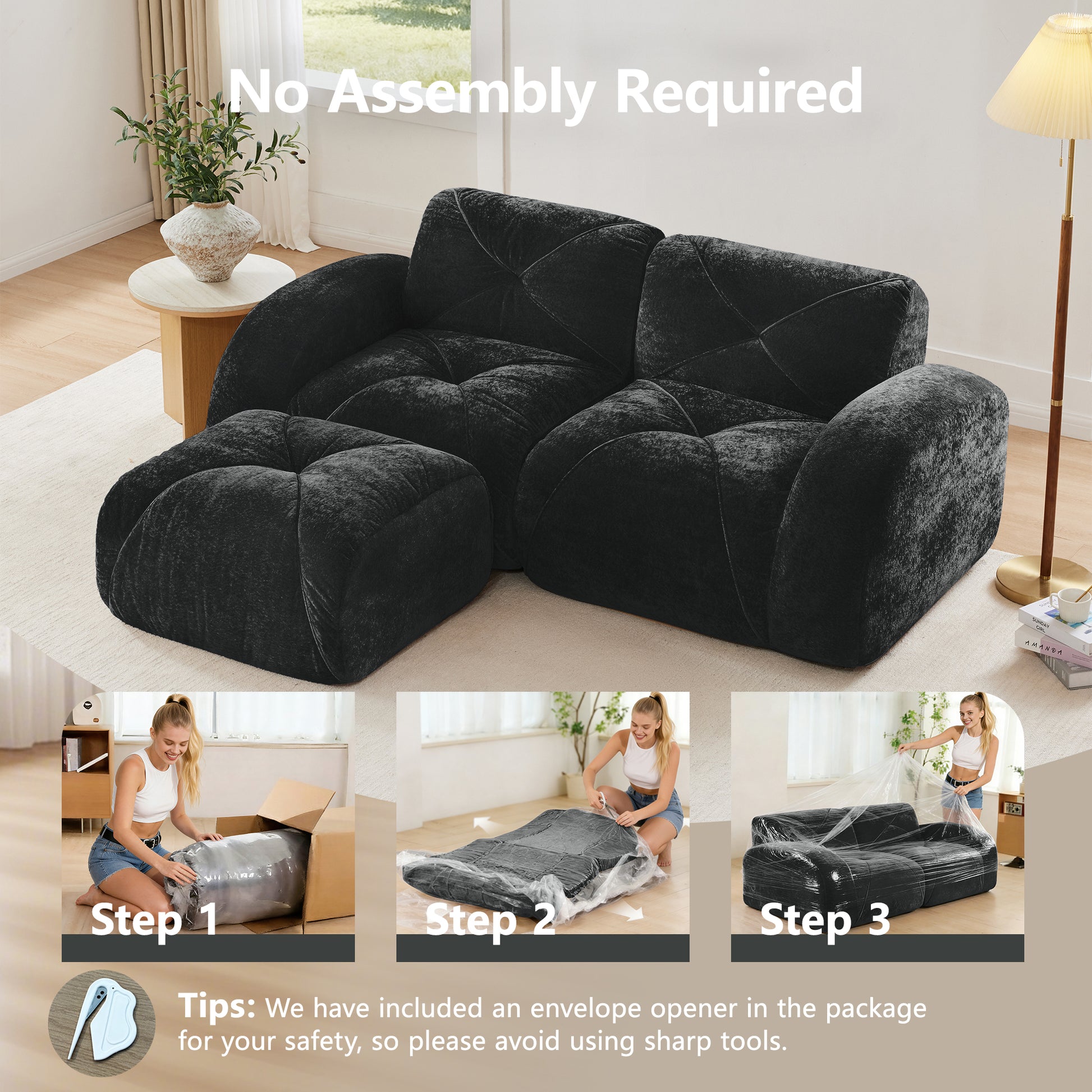 L-shaped Boneless Sofa,Soft Velvet Fabric,Tufted Design,32D High Density Sponge,No Assembly Required,Ergonomic Design Bottom, Anti-Slip Design,Movable Ottoman For Bedrooms,Black image 4