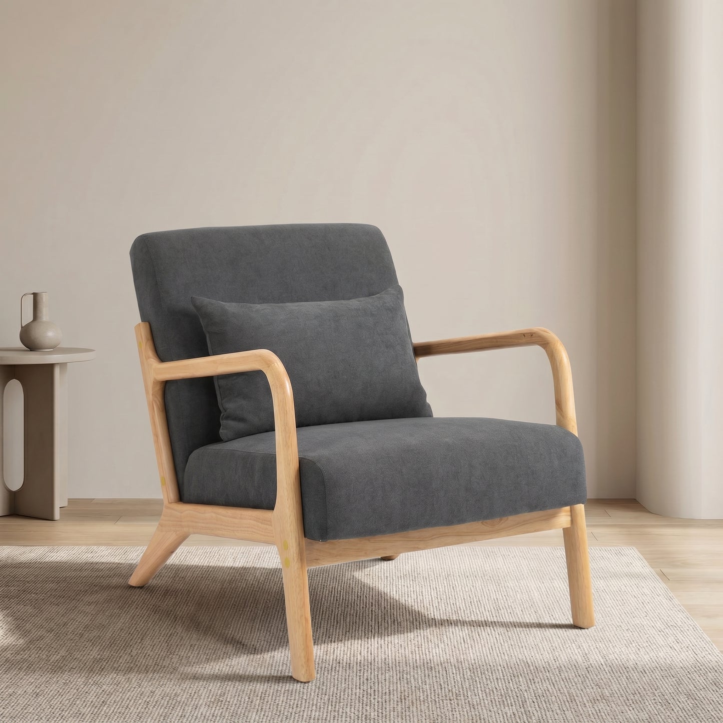 Mid Century Modern Accent Chair with Wood Frame, Upholstered Living Room Chairs with Waist Cushion, Reading Armchair for Bedroom Sunroom image 1