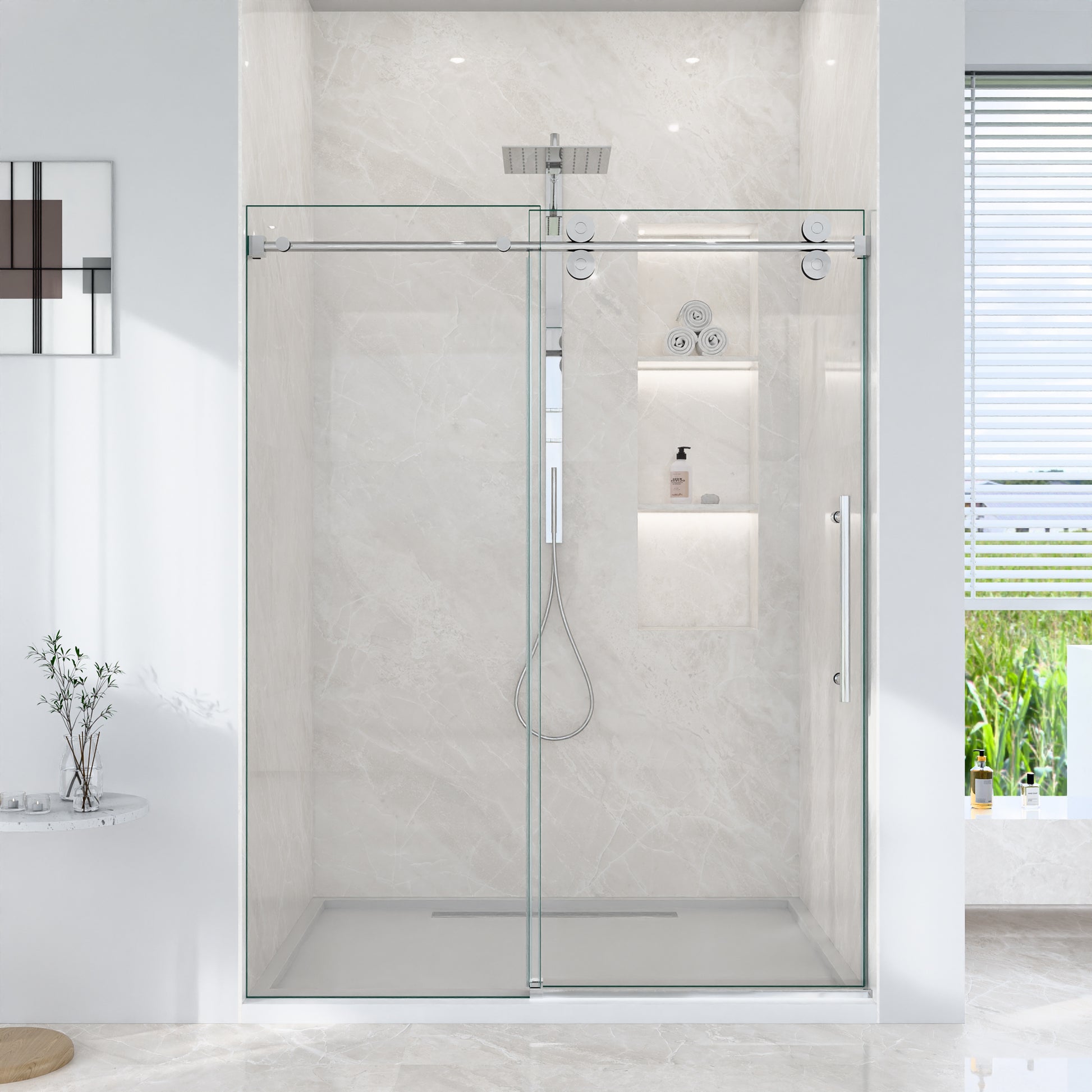 44"-48"W*76" H Frameless Single Sliding Shower Door – 5/16" (8mm) Clear Tempered Glass, Bypass Design with Chrome Finish image 1