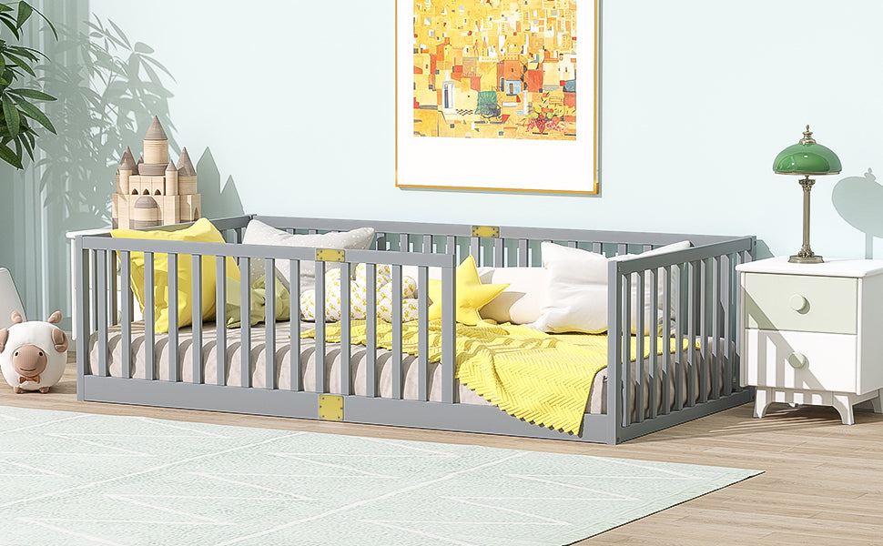 Twin Size Floor Bed with High Fence Railings, 6 Slats Included, Rubber Wood Floor Bed with Safety Guardrails, without Door,Grey image 5