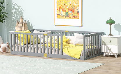 Twin Size Floor Bed with High Fence Railings, 6 Slats Included, Rubber Wood Floor Bed with Safety Guardrails, without Door,Grey image 5