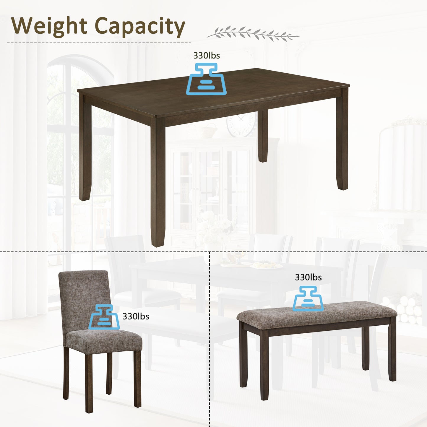 6-Piece Dining Table Set with Bench and Chairs, Wooden dining table set for 6 people, Farmhouse Rustic Style 6 Person Dining Table Set for Dining Room, Kitchen, Walnut image 7