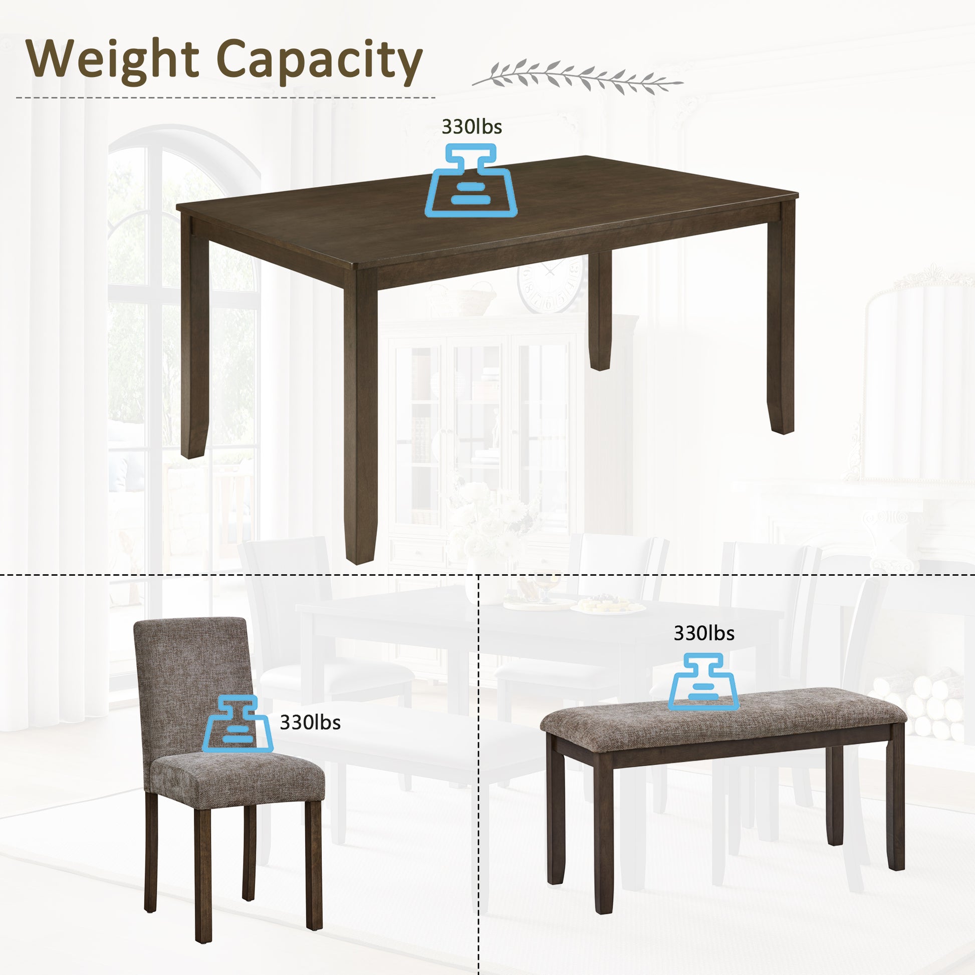 6-Piece Dining Table Set with Bench and Chairs, Wooden dining table set for 6 people, Farmhouse Rustic Style 6 Person Dining Table Set for Dining Room, Kitchen, Walnut image 7