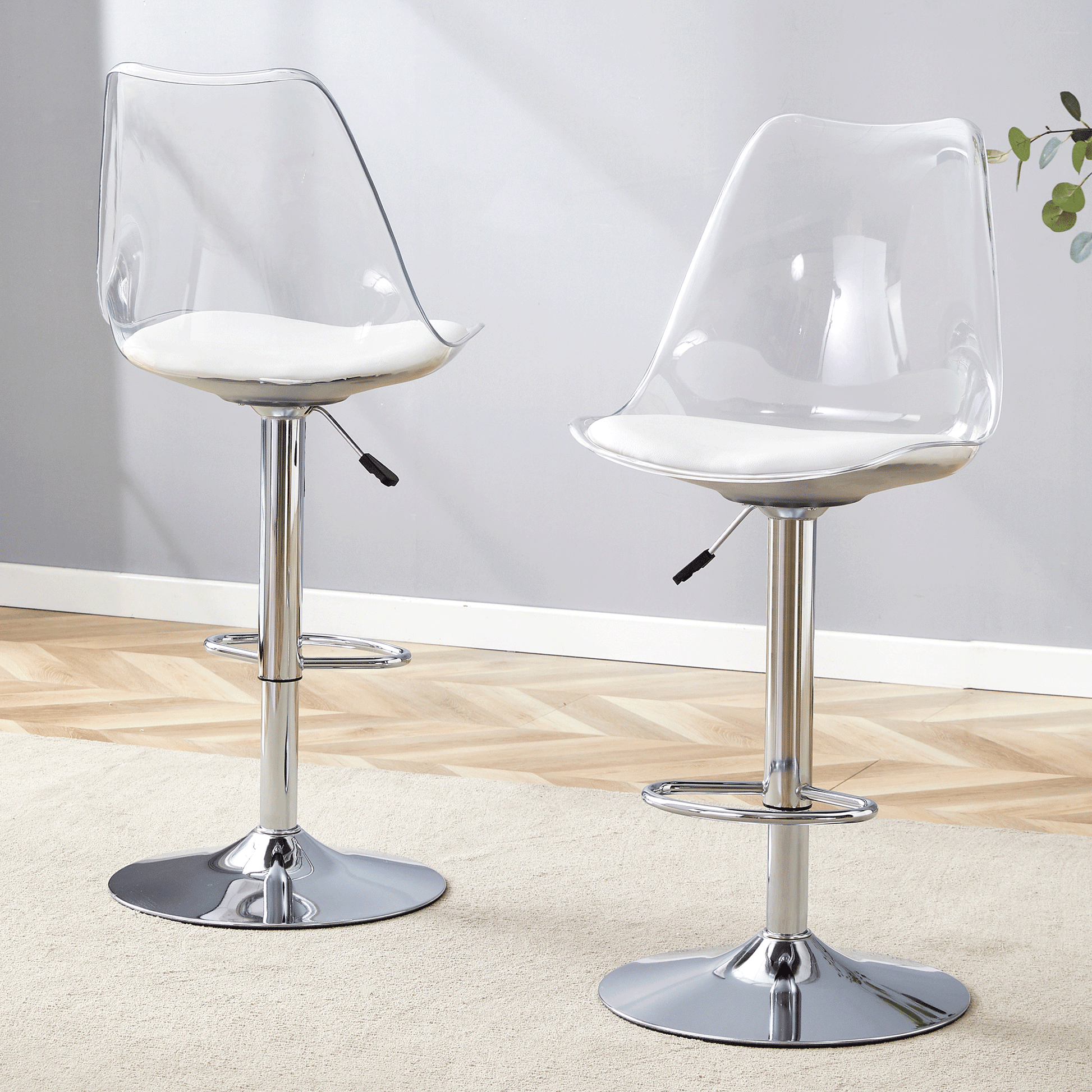 Modern minimalist bar chairs and bar stools. Can rotate 360 ° and adjust lifting. PET backrest and White PU seats. Suitable for bars, restaurants, and front desk cashiers.Set of 2. image 3