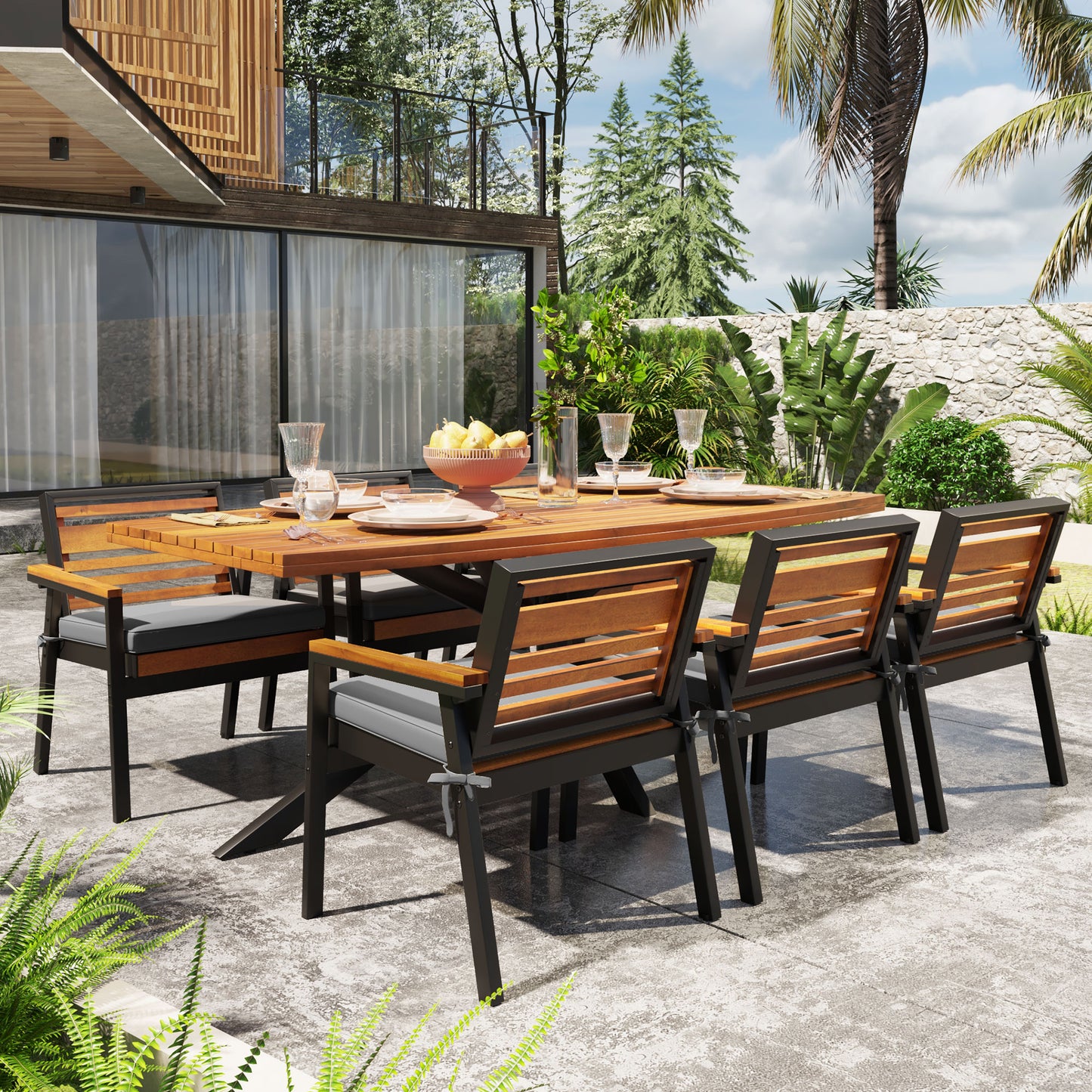 Modern 7-Piece Dining Set, Acacia Wood with Iron Frame, 6 Chairs with Dual-Layer Iron & Wood Seat Frame and Detachable Cushions, Outdoor/Indoor Furniture for Patio and Garden, Gray image 3