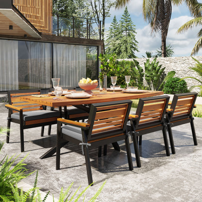 Modern 7-Piece Dining Set, Acacia Wood with Iron Frame, 6 Chairs with Dual-Layer Iron & Wood Seat Frame and Detachable Cushions, Outdoor/Indoor Furniture for Patio and Garden, Gray image 3